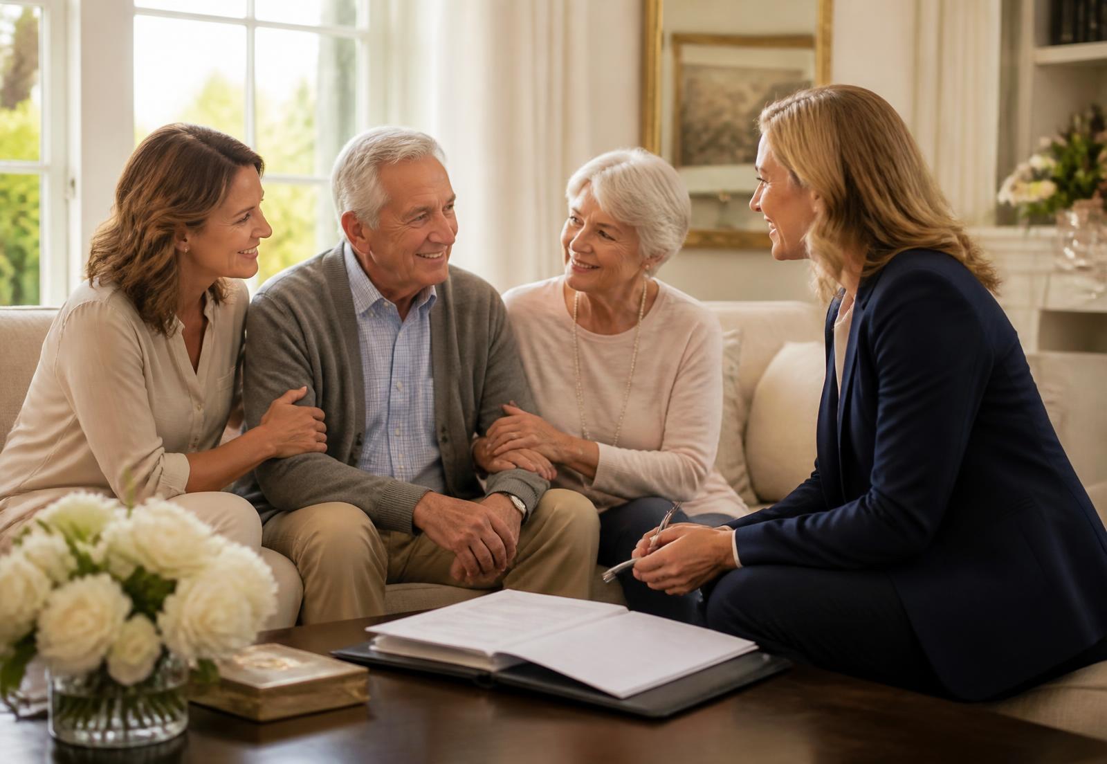 An adult daughter sitting beside her aging parents with a Legacy Navigation advisor